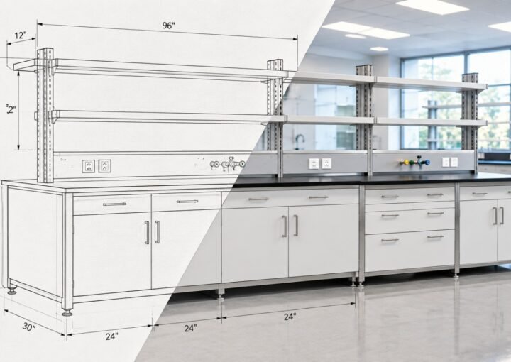 Revit laboratory furniture family transitioning from technical CAD drawing to finished laboratory workstation