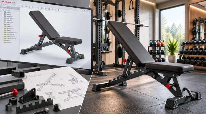 SolidWorks-style 3D model of an adjustable FID bench alongside the finished product and mechanical engineering drawings.