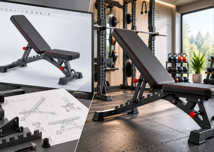 SolidWorks-style 3D model of an adjustable FID bench alongside the finished product and mechanical engineering drawings.