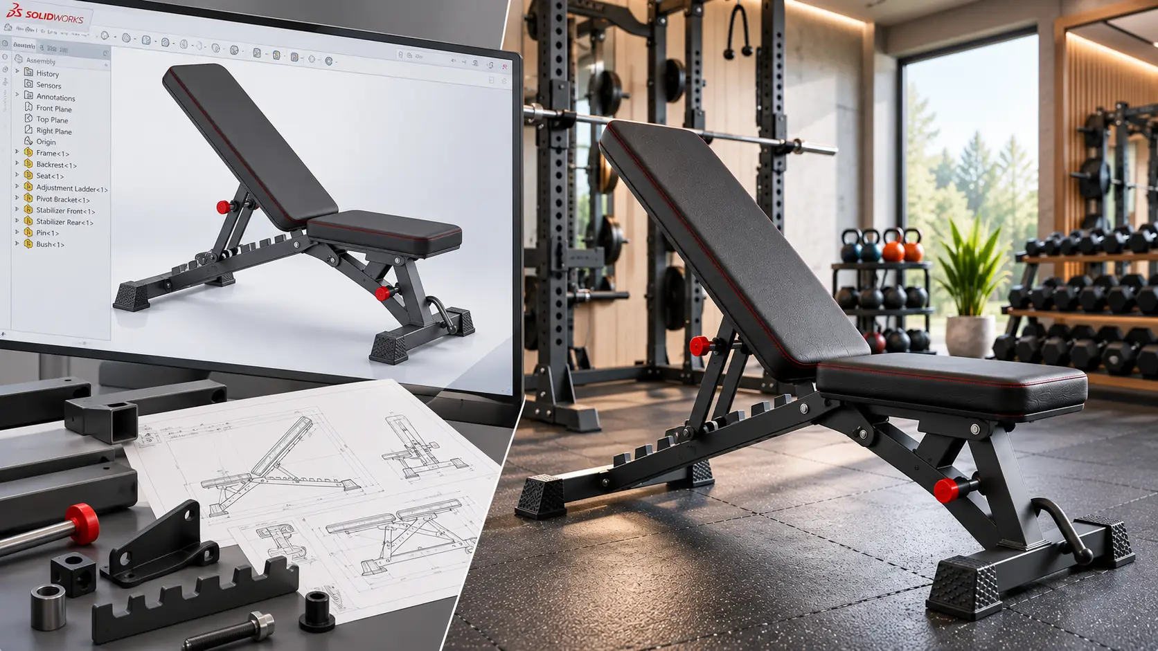SolidWorks-style 3D model of an adjustable FID bench alongside the finished product and mechanical engineering drawings.