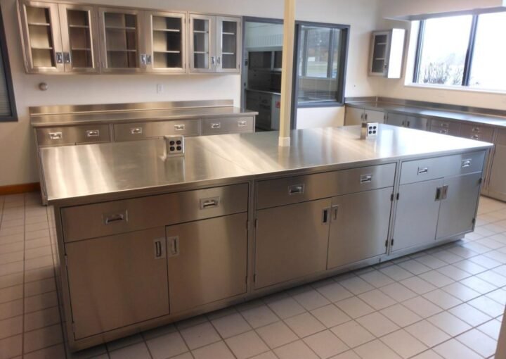 Stainless steel laboratory workbench with integrated storage cabinets, drawers, and overhead glass-front cabinets.