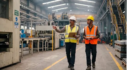 Young industrial workers learning workplace safety practices during safety induction and training